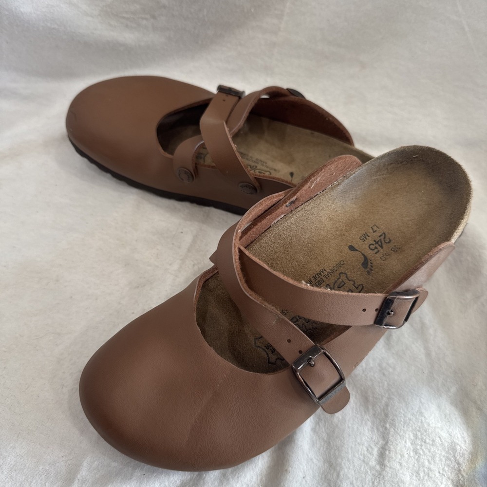 Birkenstock Birki's Brown Leather Maria Mary Jane Clogs Sz EU 38 US Strappy